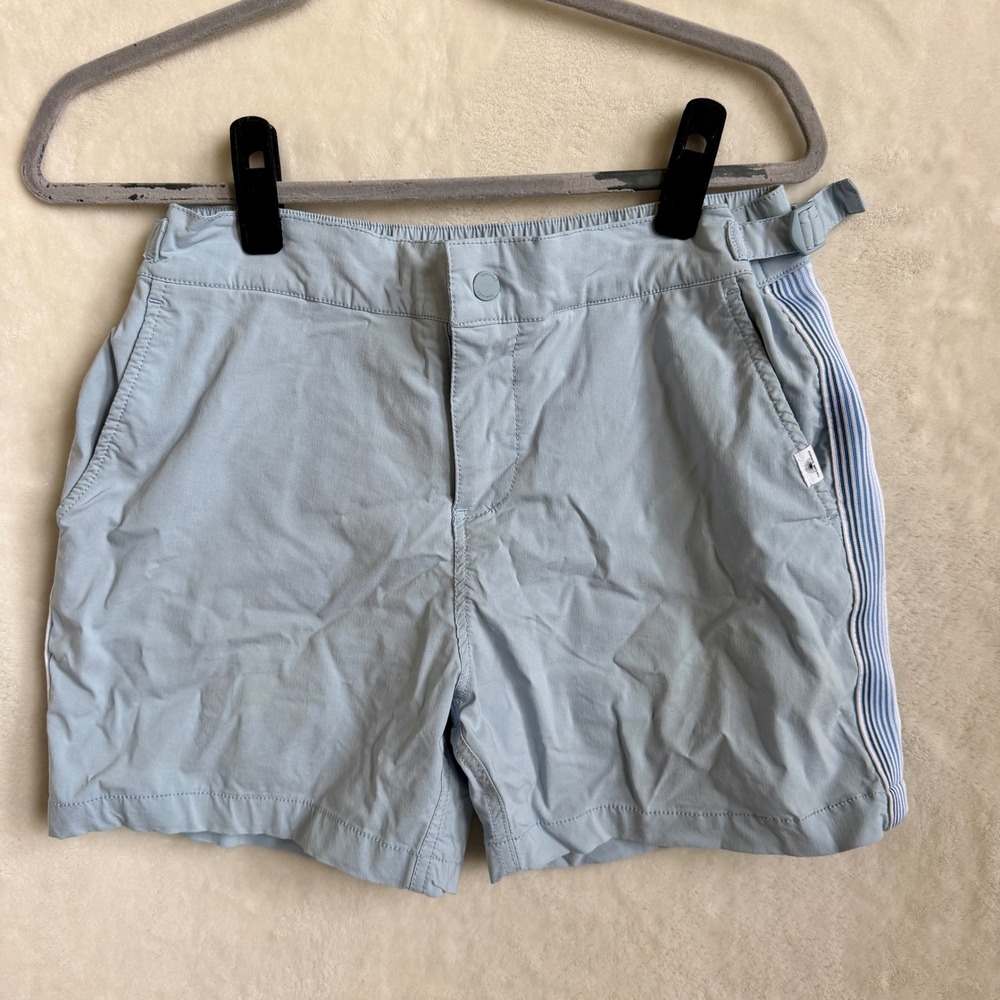Vintage Summer Light Blue Swim Trunks Striped Trim Size M Mesh Lined Shorts